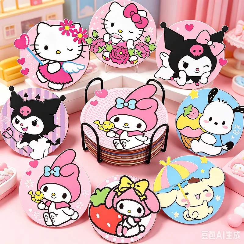 

8Pcs Hello Kitty Characters Diamond Painting Coaster Kit, 5D Full Drill Cute Kawaii Rhinestone Drink Mat, DIY Art Coaster for
