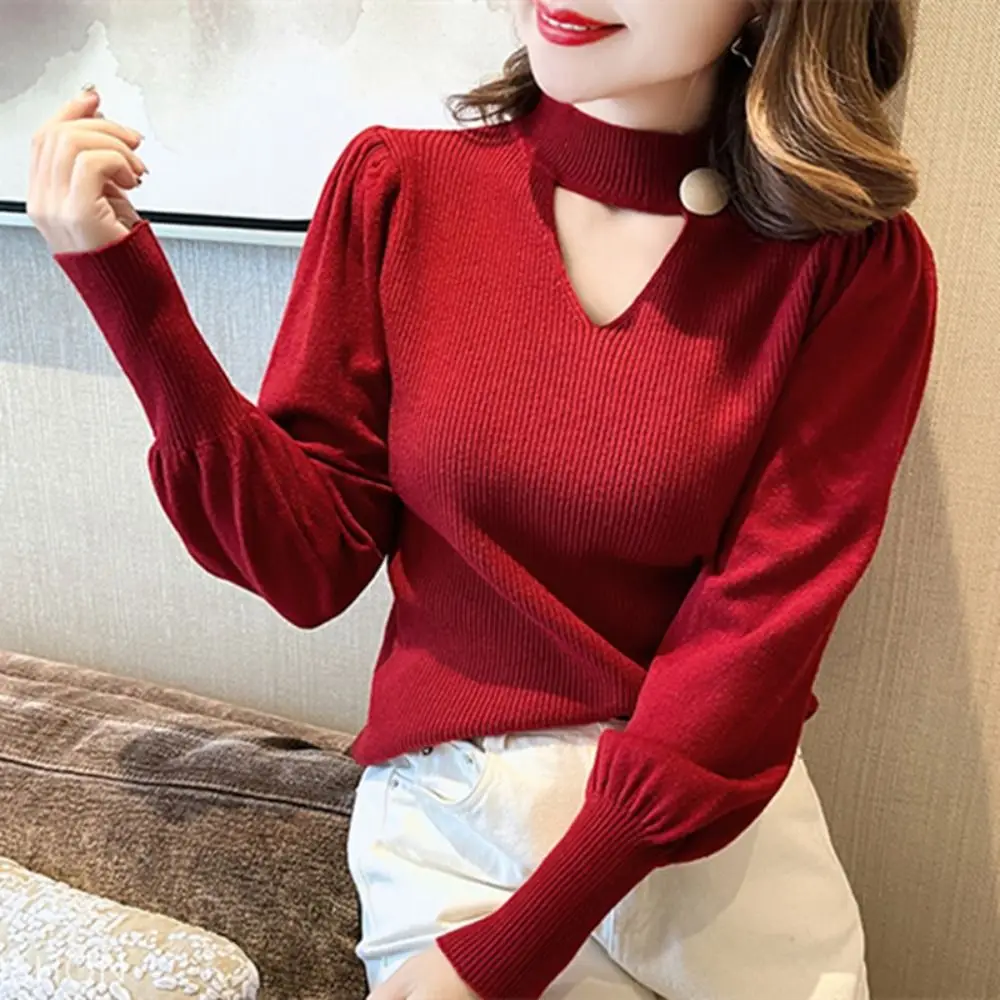 

Elegant Solid Chic Hollow Knitwears Ribbed Knitted Top Long Sleeve Pullover T Shirt Basic Slim Sweater Female