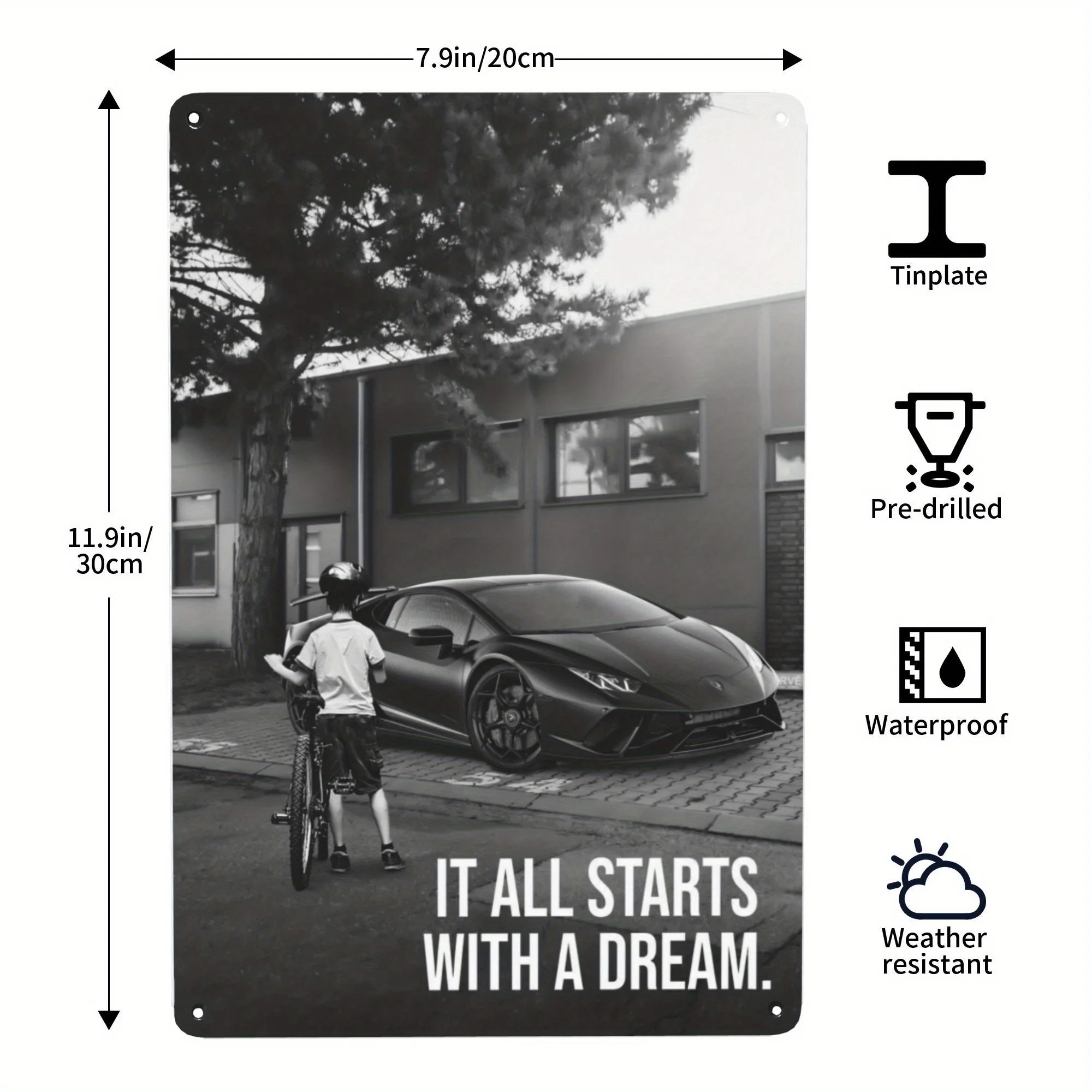 1pc 2D Black White Boy Sports Car Dream Metal Tin Sign Retro Wall Art Plaque for Garage Man Cave Bar Home Decor