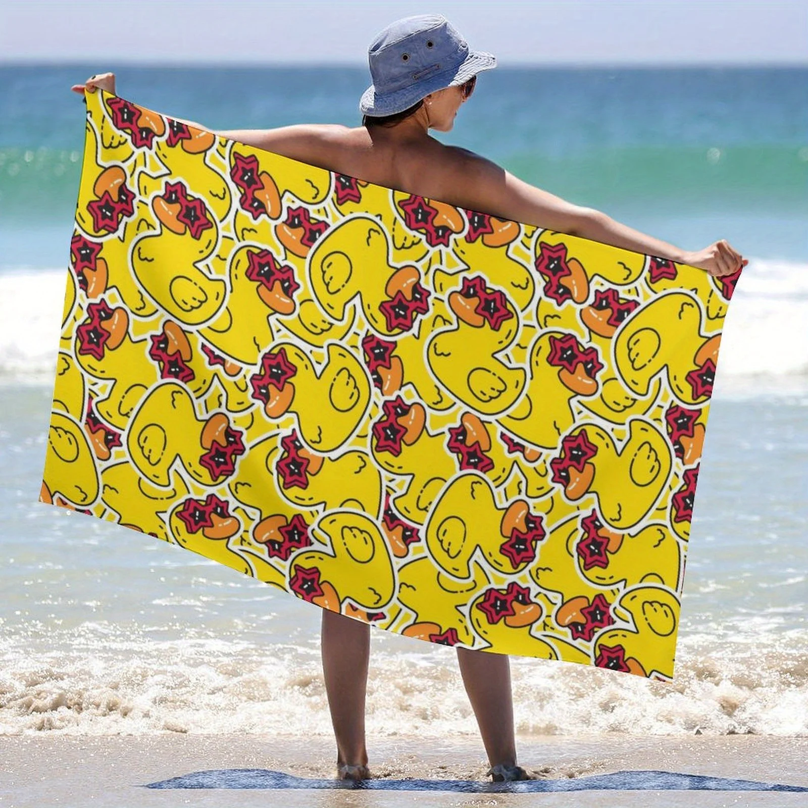 Funny Cartoon Rubber Yellow Duck with Fashion Glasse Pattern Beach Towel Summer Beach Camping Swimming Pool Travel Essentials