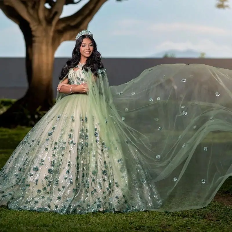 Robes de Quinceanera vert sauge, robe de Rhà paillettes, appliques en dentelle, fleur perlée, cristal hydr-corset, robe Sweet 16, robe éducative 15