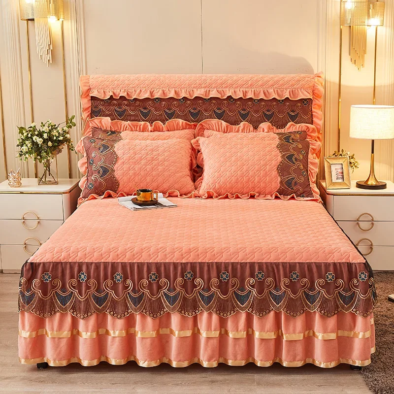 

Luxury Lace Orange Winter Bedspread Thick Home Bed Skirt-style Bed Sheets Embroidery Cotton European-style Bed Spreads