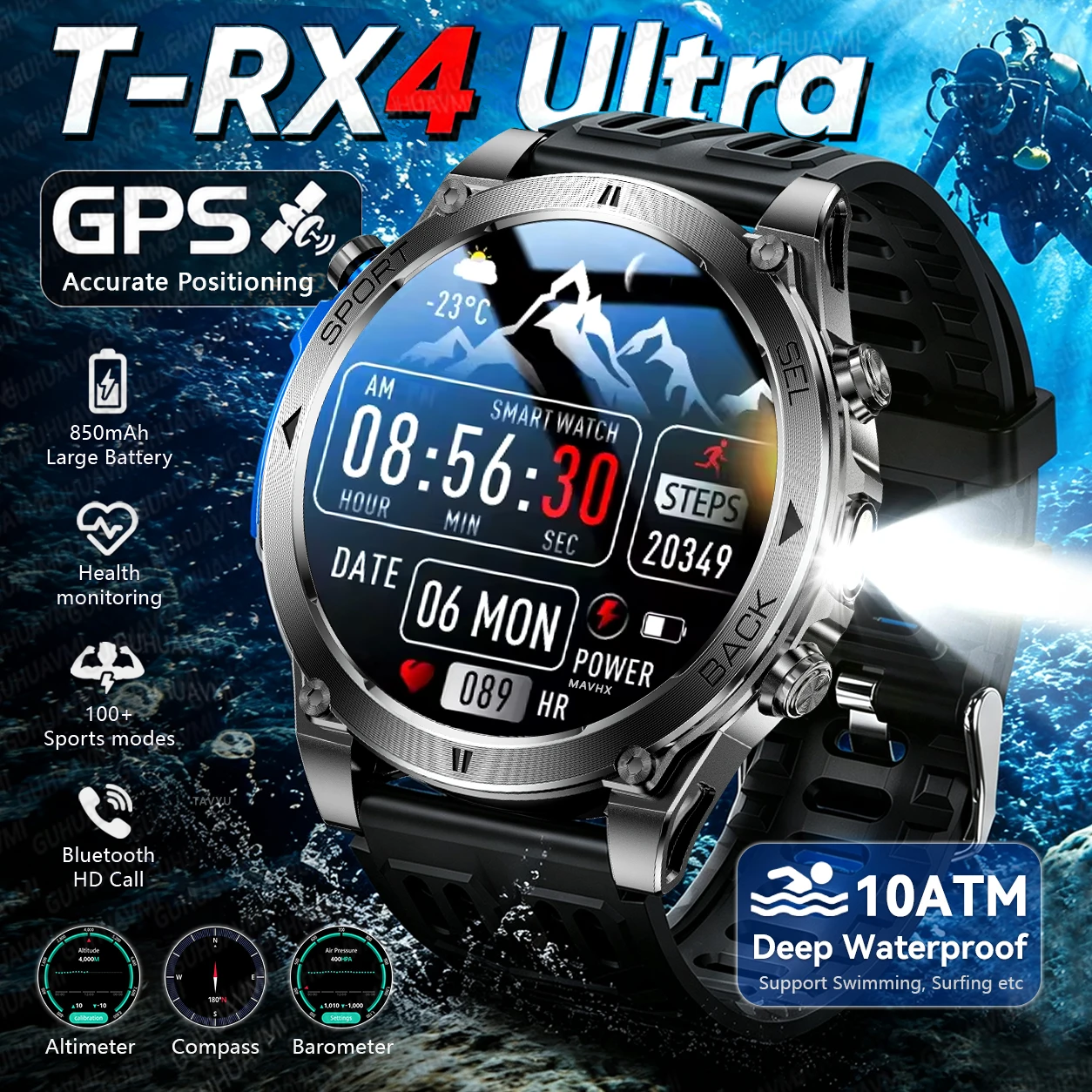Nuevo Reloj Inteligente T-RX 4 con GPS Militar para Hombre, 6 Satélites, Posicionamiento Preciso, Resistente al Agua 10ATM, Llamadas HD, Más de 170 Modos Deportivos, Linterna LED