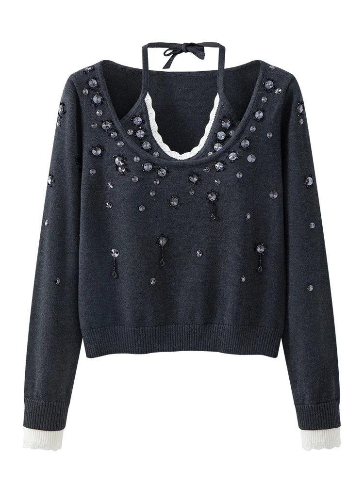 AELESEEN Office Ladies Elegant Autumn Winter Women Sweater Gray Beige Luxury Sequined V-Neck  Halter Patchwork Knitted Female