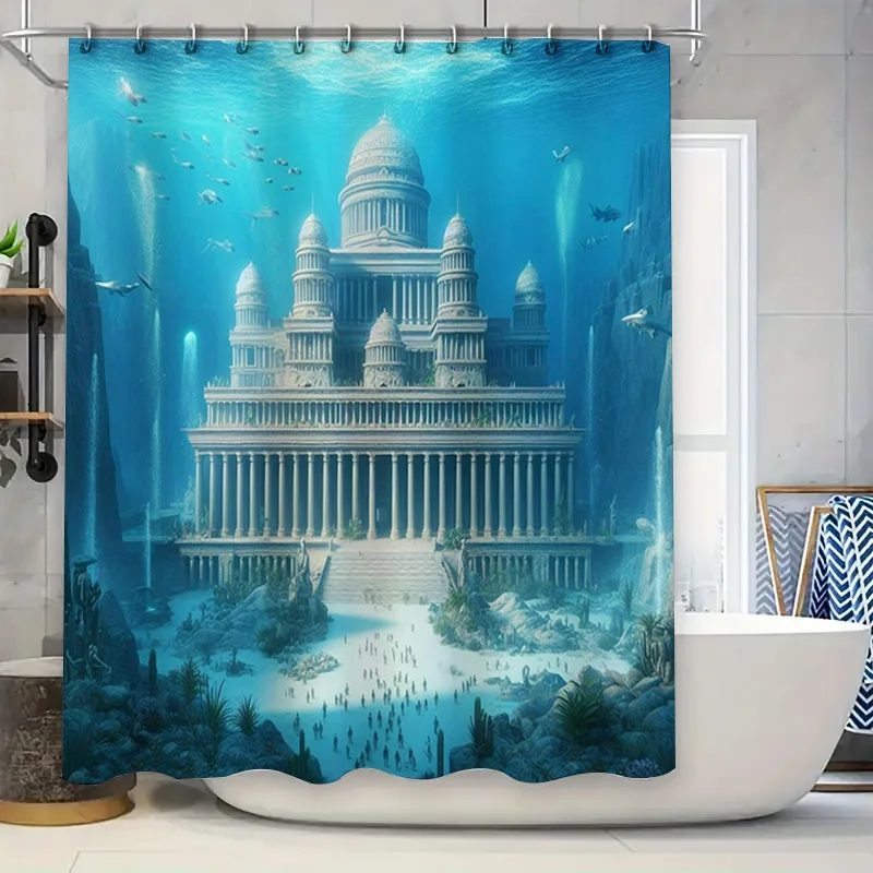 

Underwater Palace Shower Curtain Blue Temple Home Decor Artistic 3D Printing Waterproof Fabric Bathroom Liner Set for Bathrooms