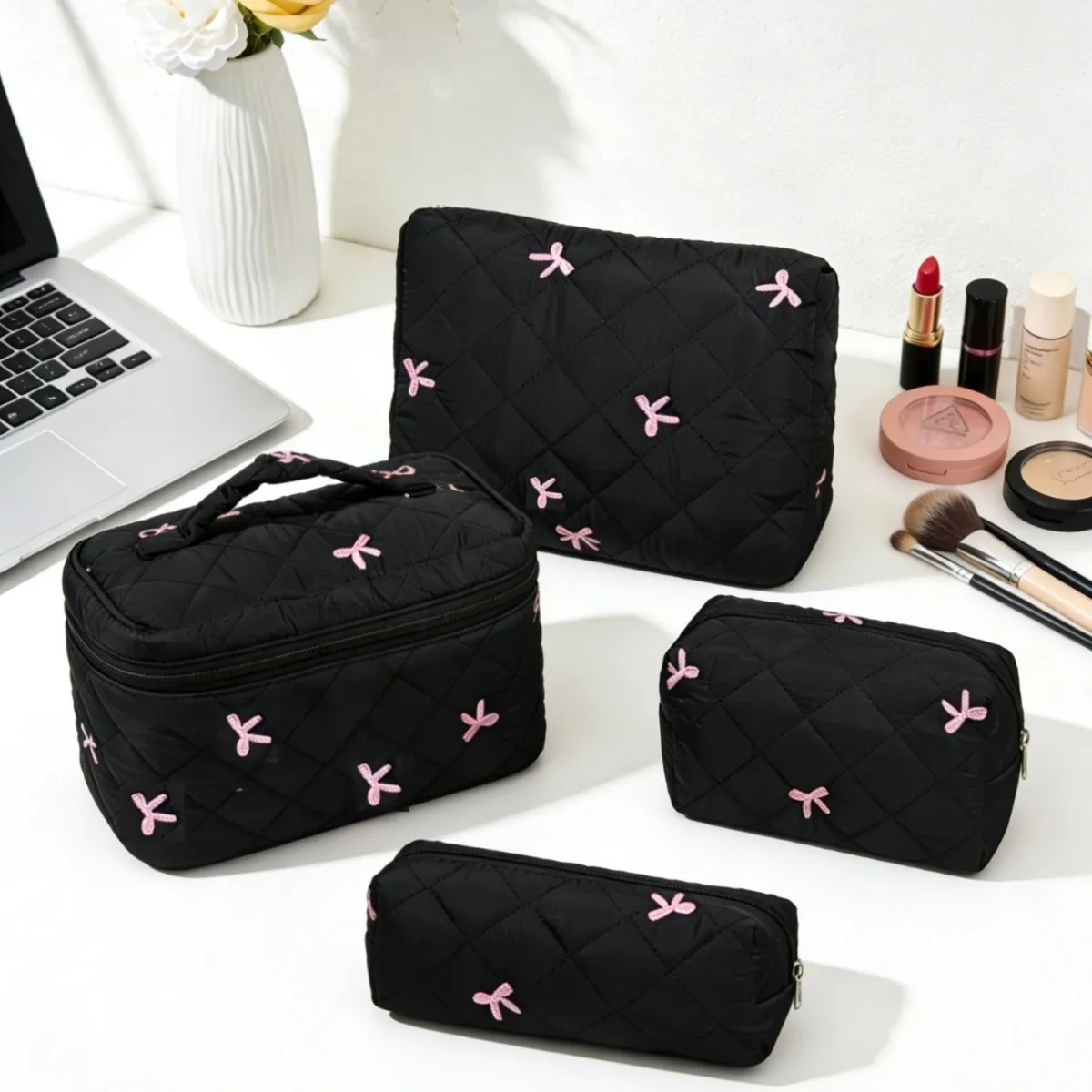 Black Women Portable Makeup Bag Large Capacity Pink Bow Quilting Cosmetic Pouch Handbag Ladies Travel Toiletry Storage Bag