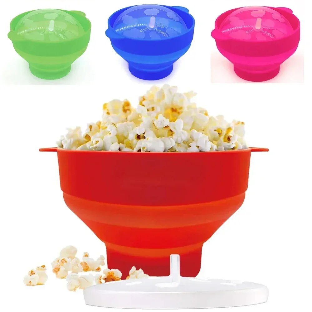 Kuchenka mikrofalowa miska na Popcorn wiadro silikonowe DIY czerwone maszyna do robienia popcornu z pokrywką chipsy talerz na owoce wysokiej jakości