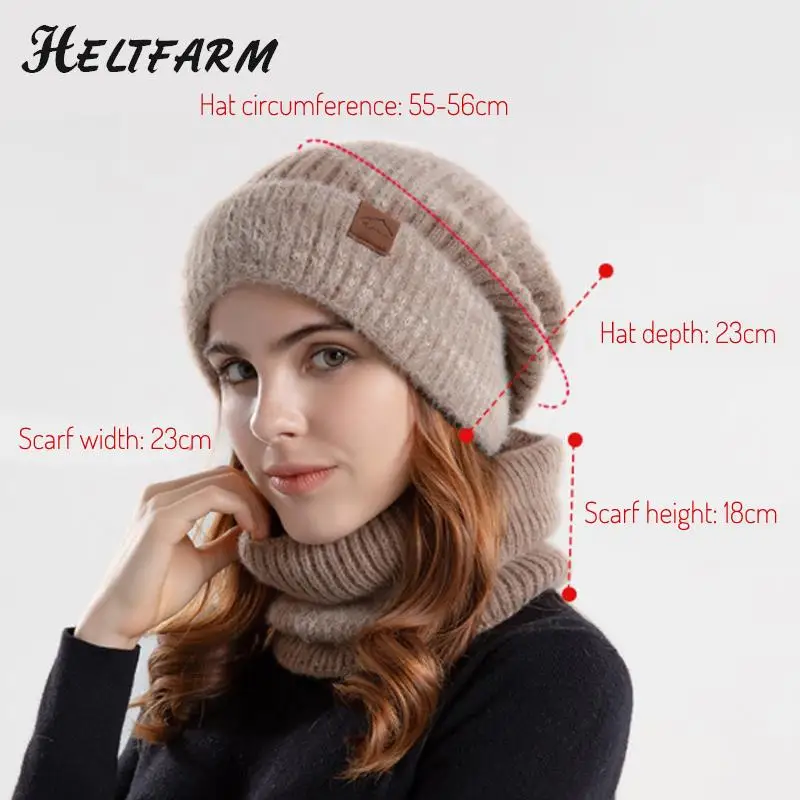 Winter Hat & Scarf Women\'s Two Tone Fashionable Ear Protection Beanie Hat Plush Neck Warmer Scarf Set