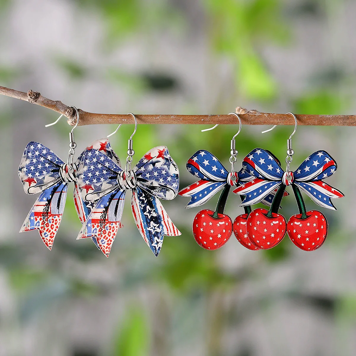

New Independence Day Earrings Red, White, Blue Bow Cherry American Flag Acrylic Earrings