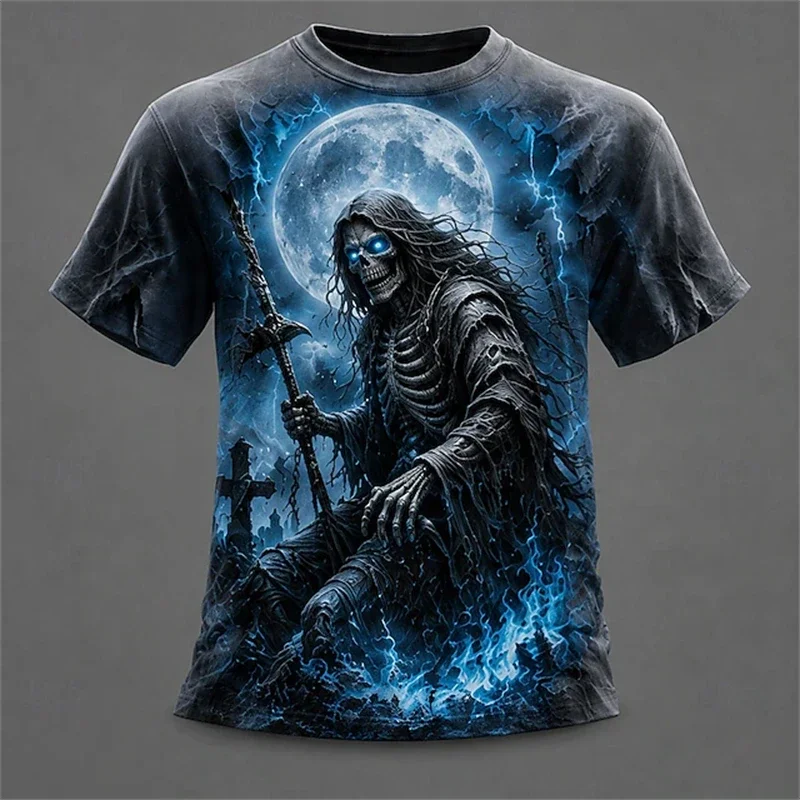 2026 Men's Halloween 3D T‑Shirt Grim Reaper Skull Pumpkin Castle Bat Full Print Crew Neck Short Sleeve Horror Party Tee Tops