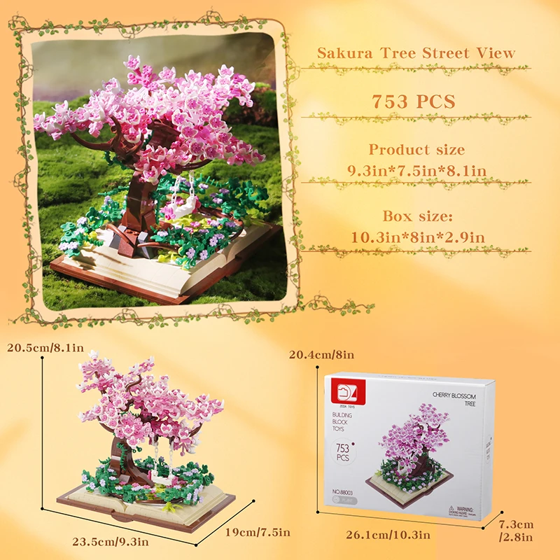 753PCS Cherry Blossom Flower Pink Tree Sakura Tree House Building Blocks Model Desktop Decoration Toys Gifts For Kids Girl Adult