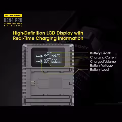 NITECORE USN4 PRO Sony Camera Charger Dual Slot USB intelligent Fast Charger NP-FZ100 Battery for SONY &alpha;7III &alpha;7R III &alpha;9 (ILCE-9)