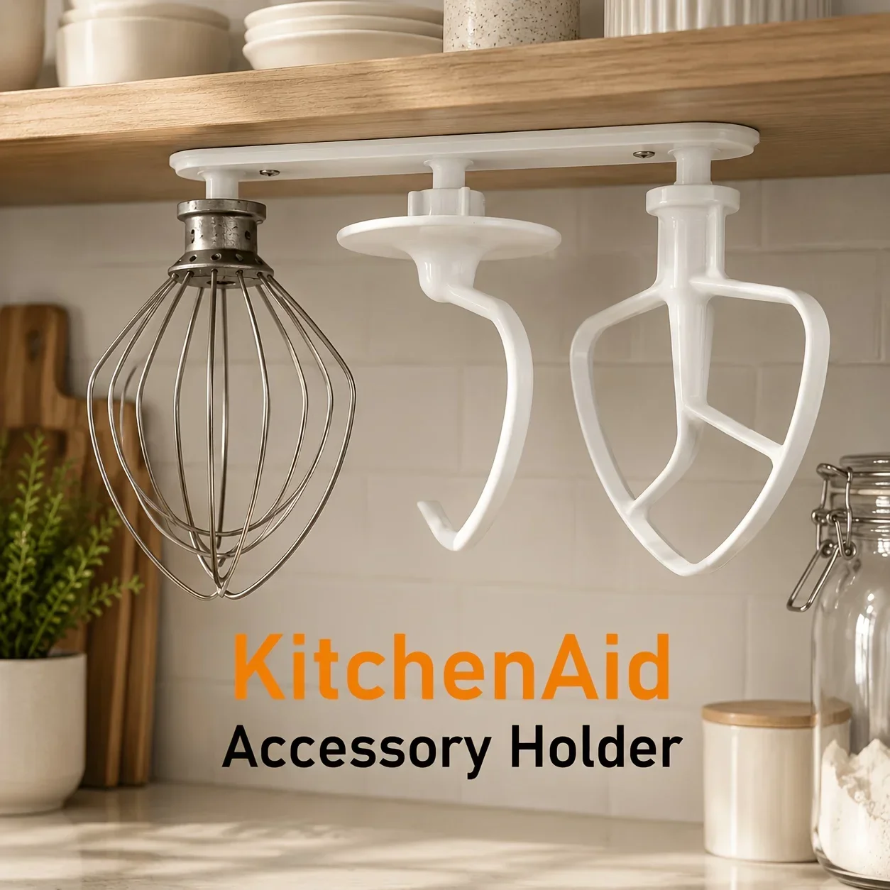Under-Cabinet Hanging Bracket for KitchenAid Mixer Attachments, Home Baking Storage Holder, Fits Paddle Hook Whisk, Space Saving