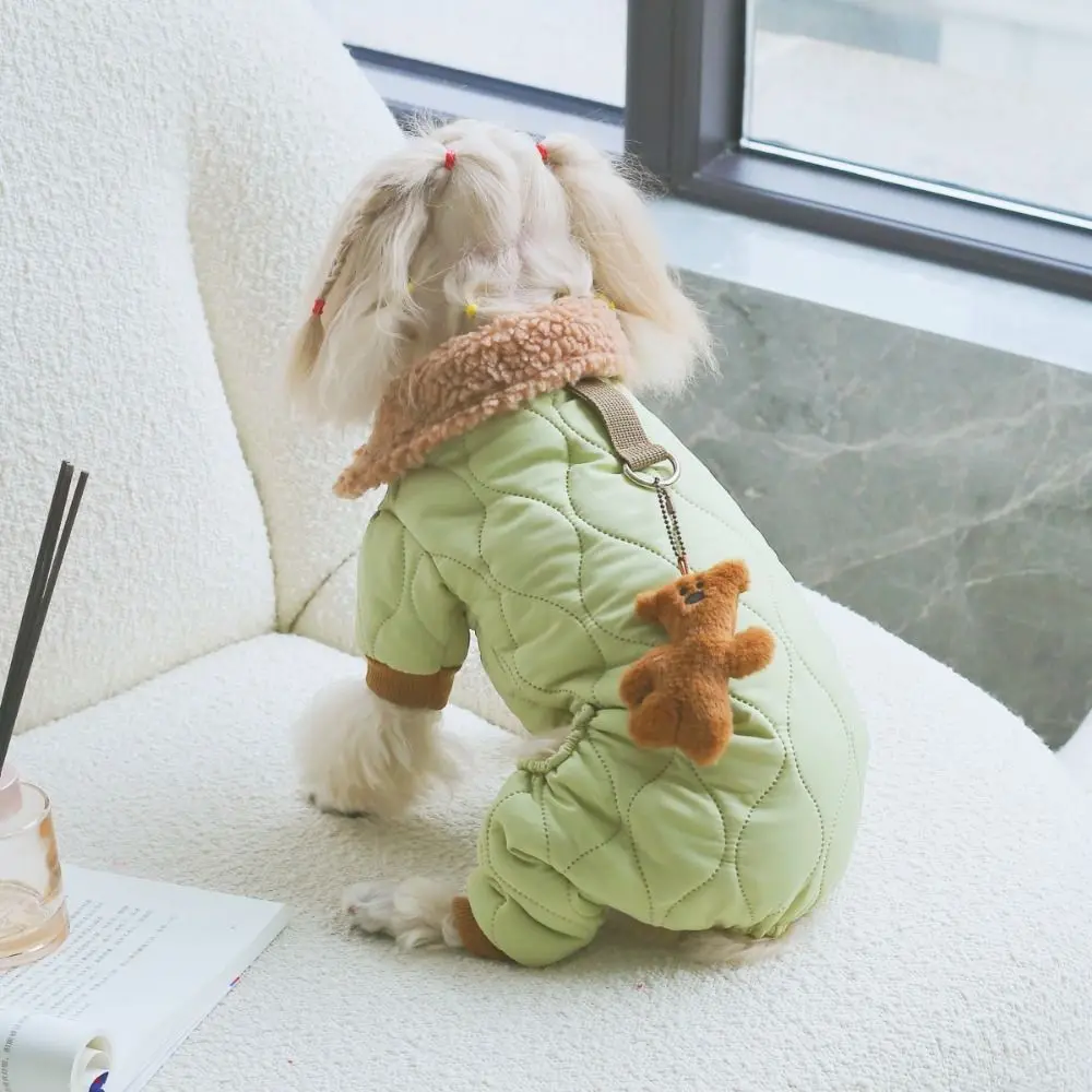 Fashion Thick-Warmed Dog Warm Clothes Lamb Wool One-Piece Pet Clothes Button with Bear Pendant Dog Bodysuit For Small Medium Dog