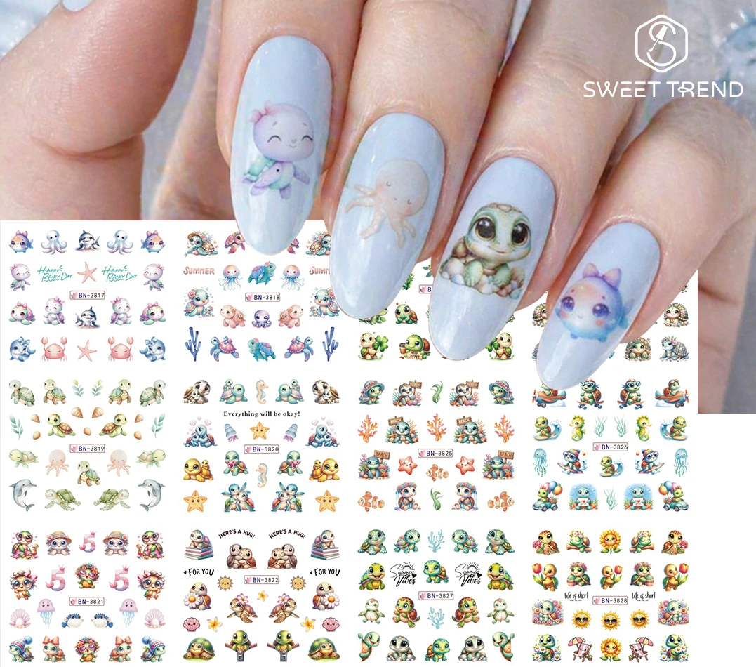 12 Design Cute Sea Turtle Nail Stickers Water Transfer Decals Dolphins Star Summer Ocean Theme Nail Sliders DIY Manicure Decor