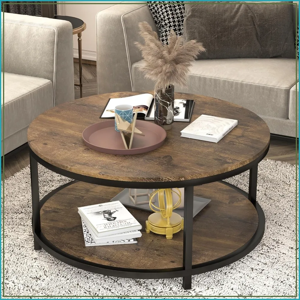 36 Inch Round Coffee Table, Rustic Wood Top, Metal Legs, Industrial with Storage Shelf, Brown