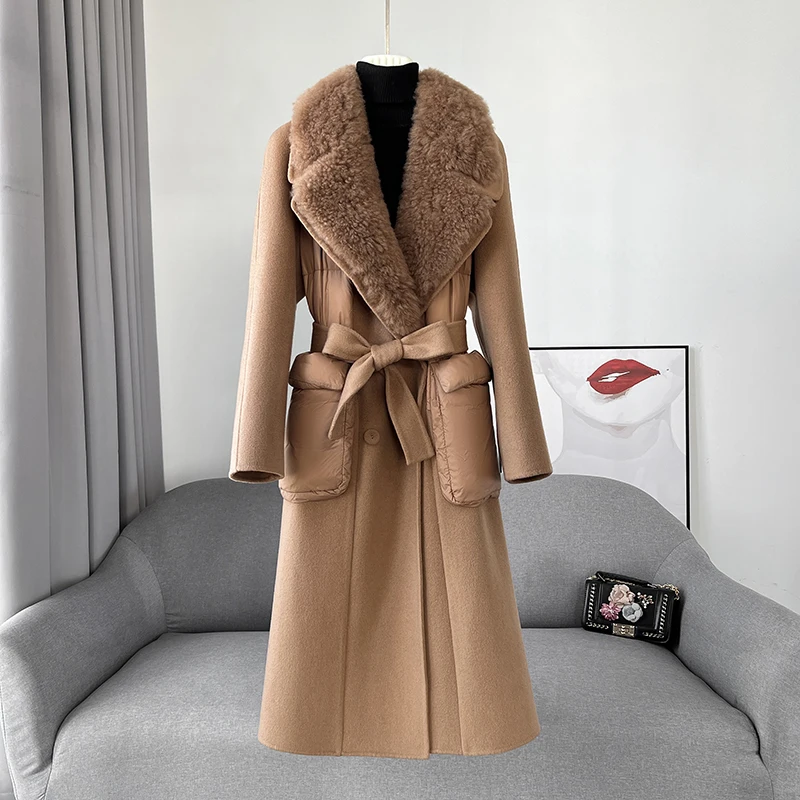 

PUDI Lady New Fashion Wool Blend Long Trench Jacket Winter Warm Duck Down Coat Sheep Fur Collar CT2155