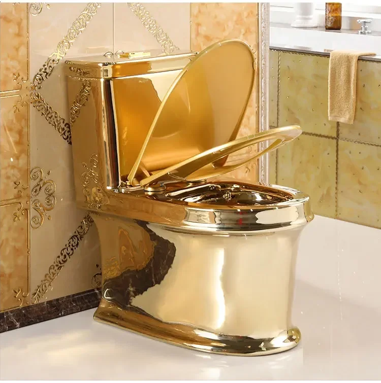 Golden one-piece toilet, galvanized gold toilet, cool luxury gold bathroom