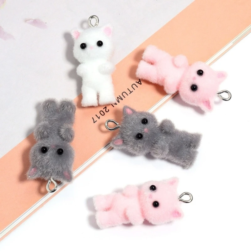 Cat/Bear Pendant Handmade Flocking Resin Keyrings Soft Cartoon Animal Pendants Jewelry Versatile Bag Charm Accessory