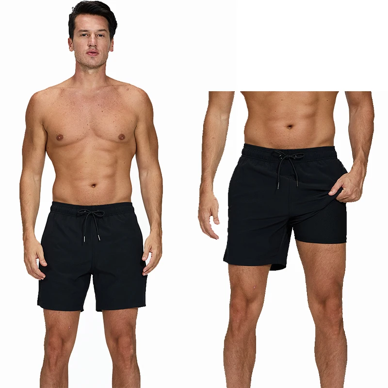 DATIFER Summer 2025 New Mens Shorts Polyester With Spandex Long Liner 2 in 1 Elastic Waist Side Zipper Pocket Gym Beach Swimwear