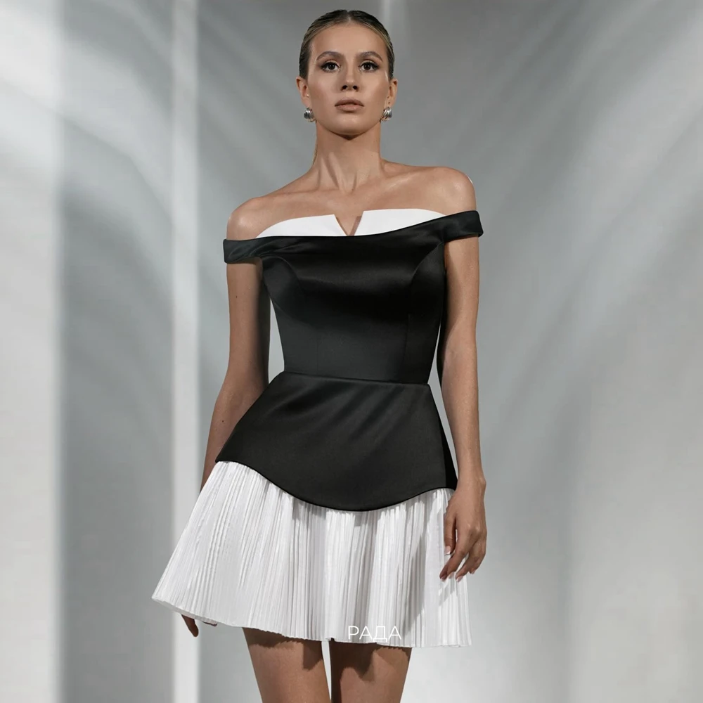 

Colorblock Black and White Satin Party Dress Fashion Pleated Taffeta Mini Evening Dress for Women Off Shoulder Cocktail Gowns
