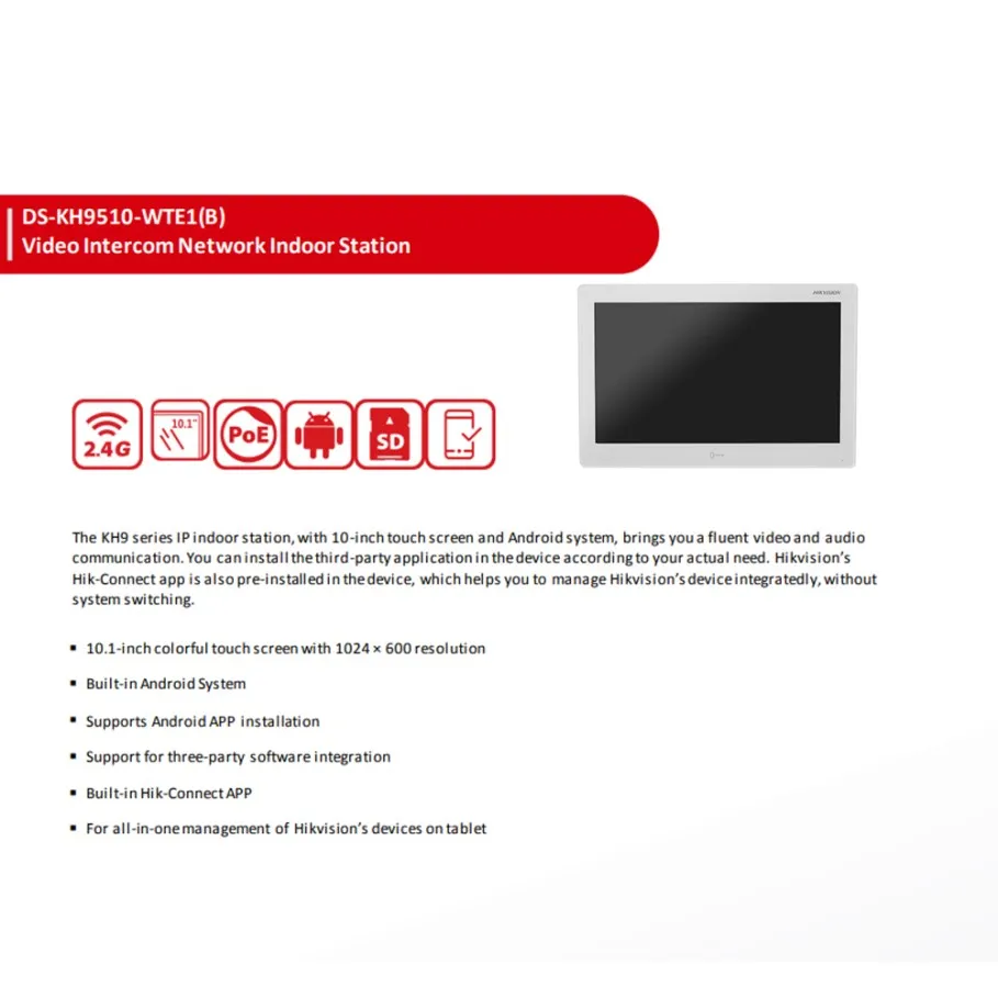 Videocitofono Hikvision DS-KH9510-WTE1(B) WI-FI Stazione interna all-in-one Touch screen colorato da 10,1 pollici Risoluzione 1024*600