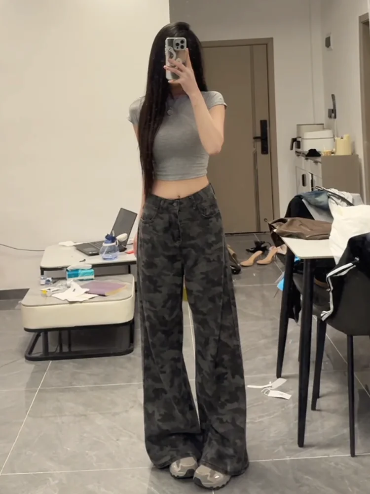 

American Retro High Waist Wide Leg Denim Pants Women's Spring Summer New Loose Slim Straight Floor-Length Trousers