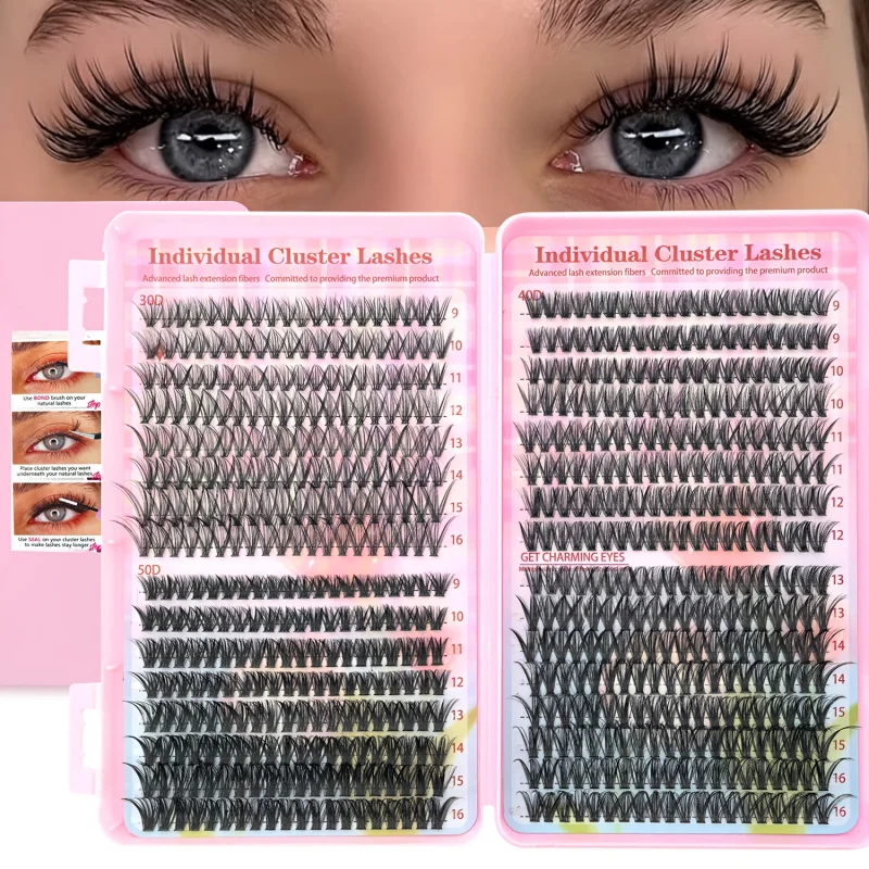 640個入りDIYまつげエクステキット - 9-16mmミックス30D、40D、50Dつけまつげ、接着剤とピンセット付き、再利用可能、簡単に装着可能