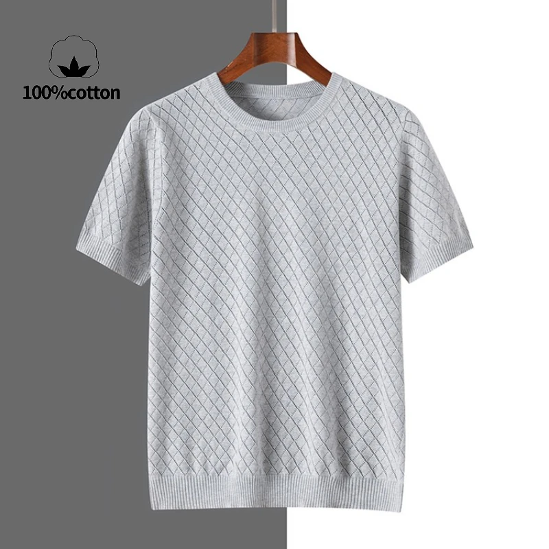 メンズコットンリッチ中空ニットTシャツ：通気性と吸汗性に優れたOネックデザイン ​ レーザー切断技術