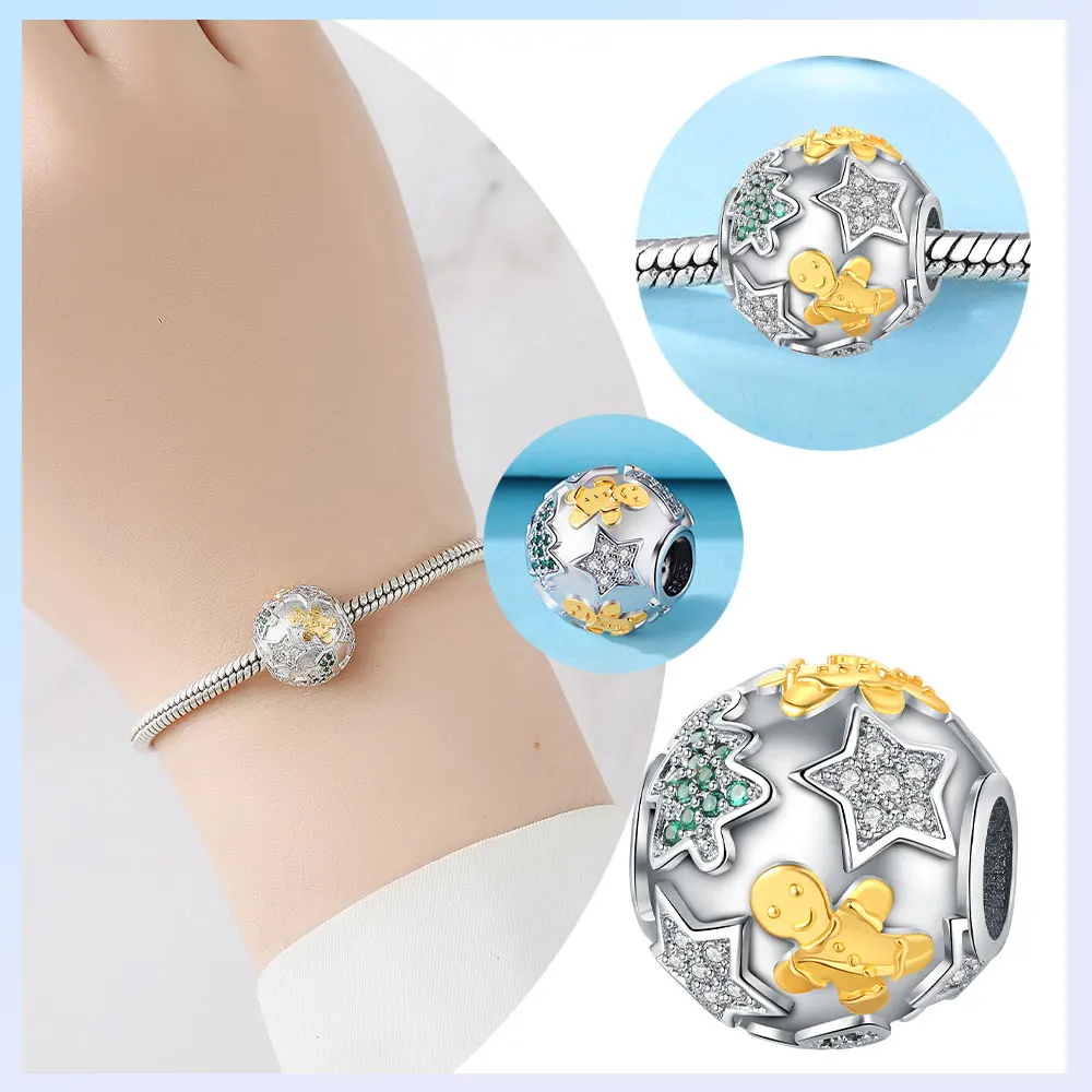 925er Silber vergoldet, Original-Charms, Winter, romantische Weihnachtsserie, Weihnachtsbaum-Perlen, passend für Armbänder, Damenschmuck, Geschenk
