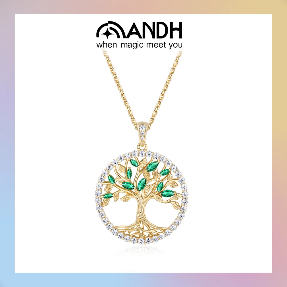 

ANDH Lab-grown Emeralds Moissanite Necklace for Women 925 Sterling Silver 14k Gold Plated Tree of Life Pendant Fine Jewelry Gift