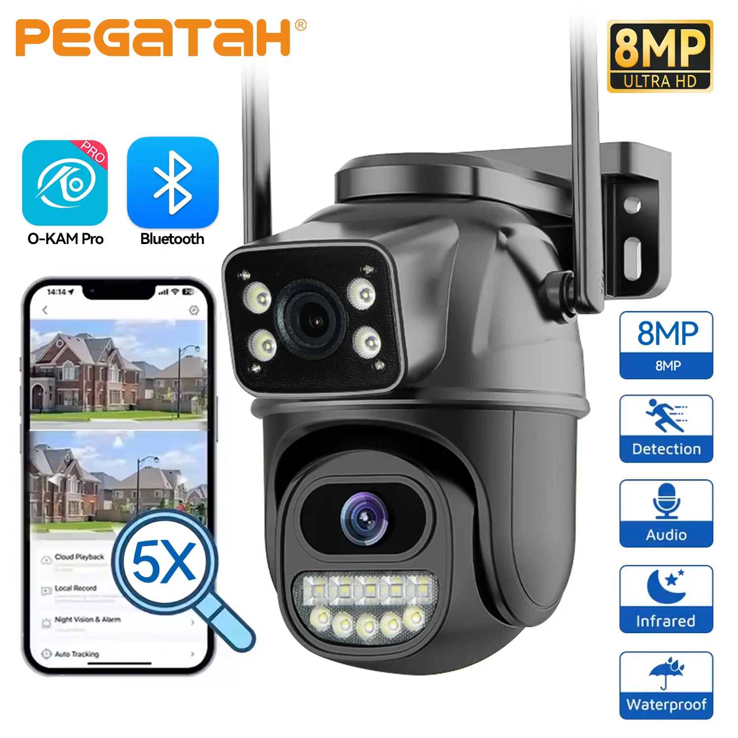 

Уличная Wi-Fi камера видеонаблюдения PEGATAH 15MP PTZ 10X с двумя экранами, зумом и обнаружением человека, IP-камера O-Kam Pro
