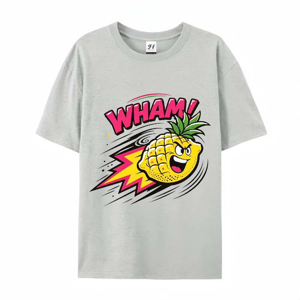 Retro Pop Art Wham Angry Pineapple Graphic T Shirt Cartoon Fruit Print Short Sleeve Top Casual Summer Loose Fit Unisex Tees