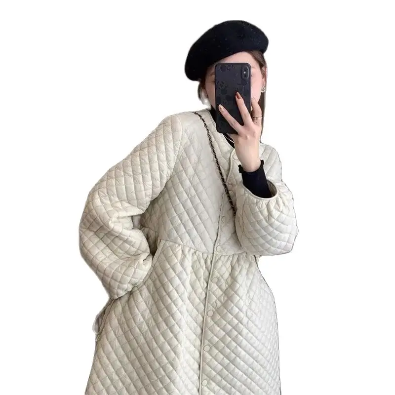 Women\'s Cotton Coat Retro Rhombus Grid Loose And Light Quilted Cotton Winter Outerwear Mid-Length Warm Cotton Windbreaker Dress