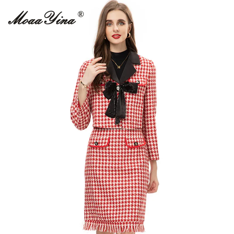 

MoaaYina Autumn Fashion Designer Vintage Plaid Print Skirt Set Women Lapel Bow Beading Coats+Package Buttocks Skirt 2 Pieces Set
