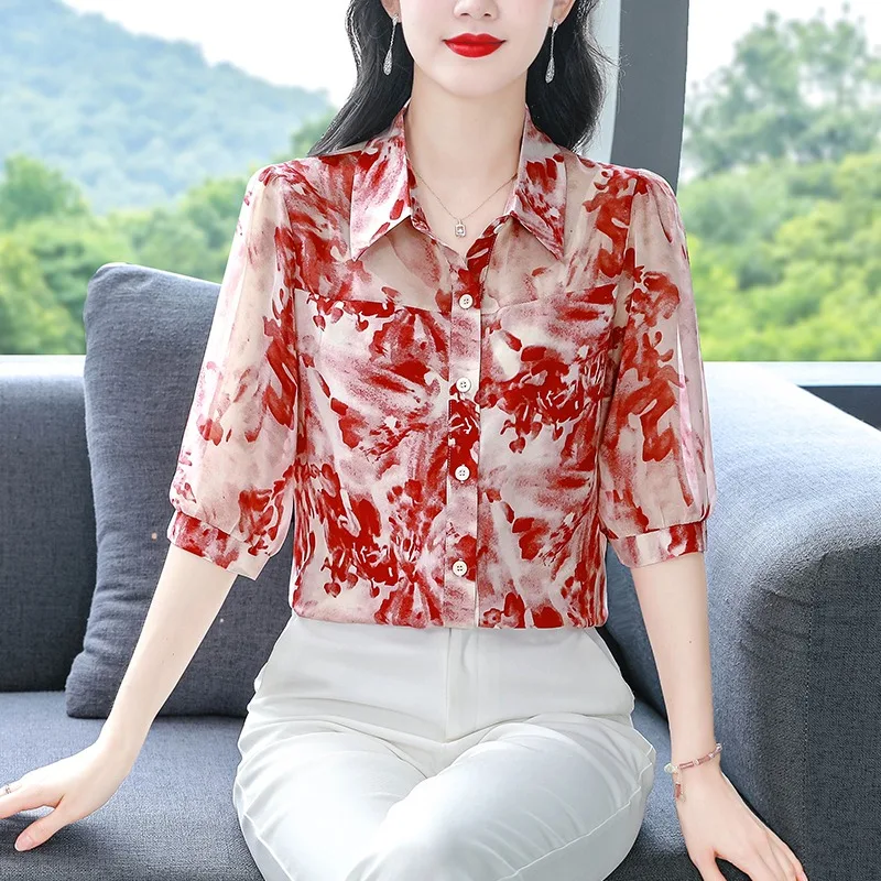 Vintage damesblouses bedrukte vintage shirts mode losse zomerkleding chiffon damestops met korte mouwen