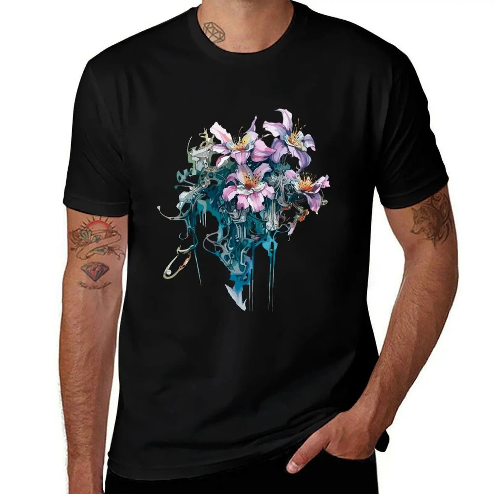Cyberpunk Lillies Flowers T-Shirt Classic Basic Casual T-Shirt