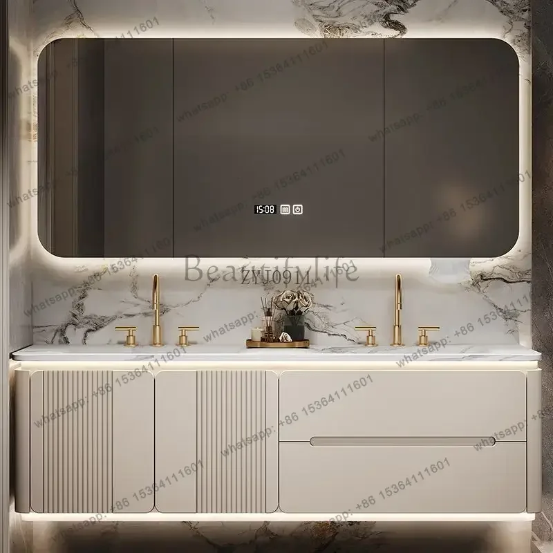 

Slate hot bending integrated double basin bathroom cabinet simple oak bathroom washbasin sink