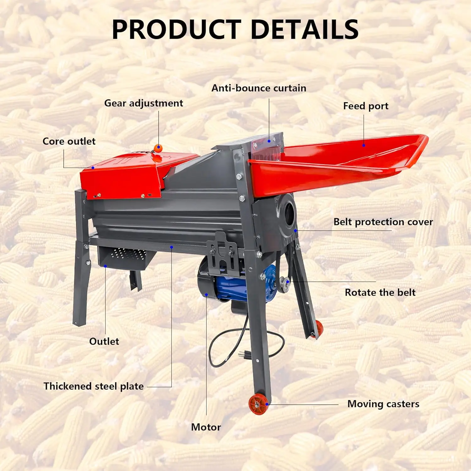 Corn Sheller Machine, Automatic Dry Thresher Machine Corn Peeler for on The Cob, 99% Threshing Rate