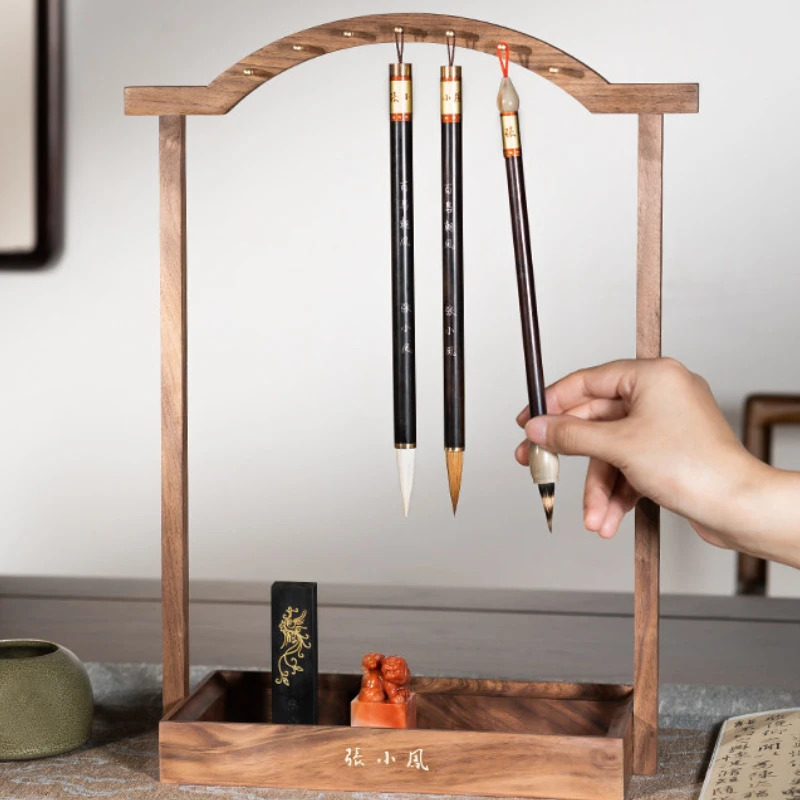Penholder Brush Hanger Brush Rack Simple Retro Walnut Solid Wood Chinese Style Calligraphy Brush Storage Art Painting Supplies