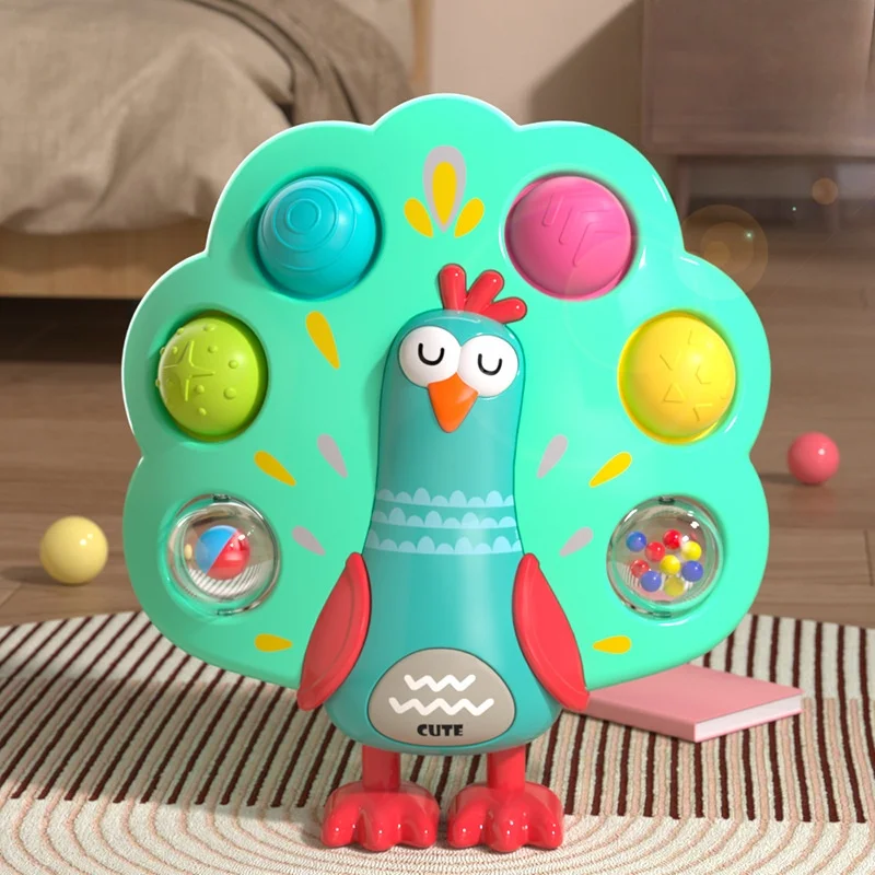 

Baby Peacock Pressing Sensory Push Toy Infant Relieve Stress Hand Grasping Board Finger Training Montessori Education Toys Gifts