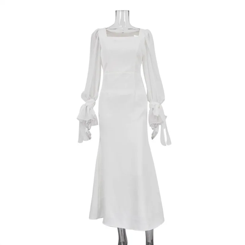 Bodycon Cocktail Gast Avondfeest Vloerlengte Jurk Elegante Vrouwen Lange Lantaarn Mouw Zeemeermin Jurk INS Mesh Corset Slim