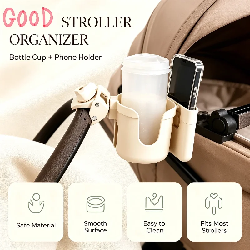 2-in-1 Universal Stroller Water Cup Holder with Phone Holder, Universal Bottle Holder for Bike Wheelchair Stroller Accessories