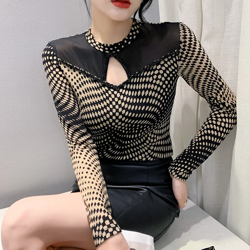 #8630 Vintage Polka Dot Printed Mesh T Shirt Women Split Joint Long Sleeve T Shirt Hollow Out Diamonds Office T-Shirt Femme 4XL