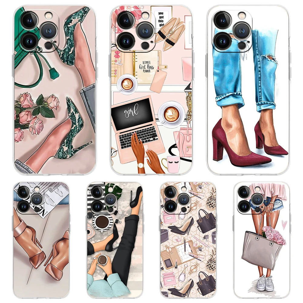 Fashion High Heels Girl Woman Transparent Phone Case Cover for iPhone 16 15 14 13 12 11 Pro Max XS Max 16 7 8 Plus Soft Shell