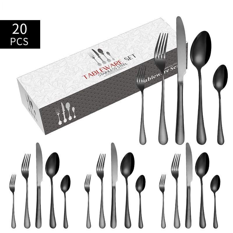 Western-style 1010 Stainless Steel Tableware 5-component Titanium-plated Hotel Household Steak Knife Fork and Spoon 20-piece Set