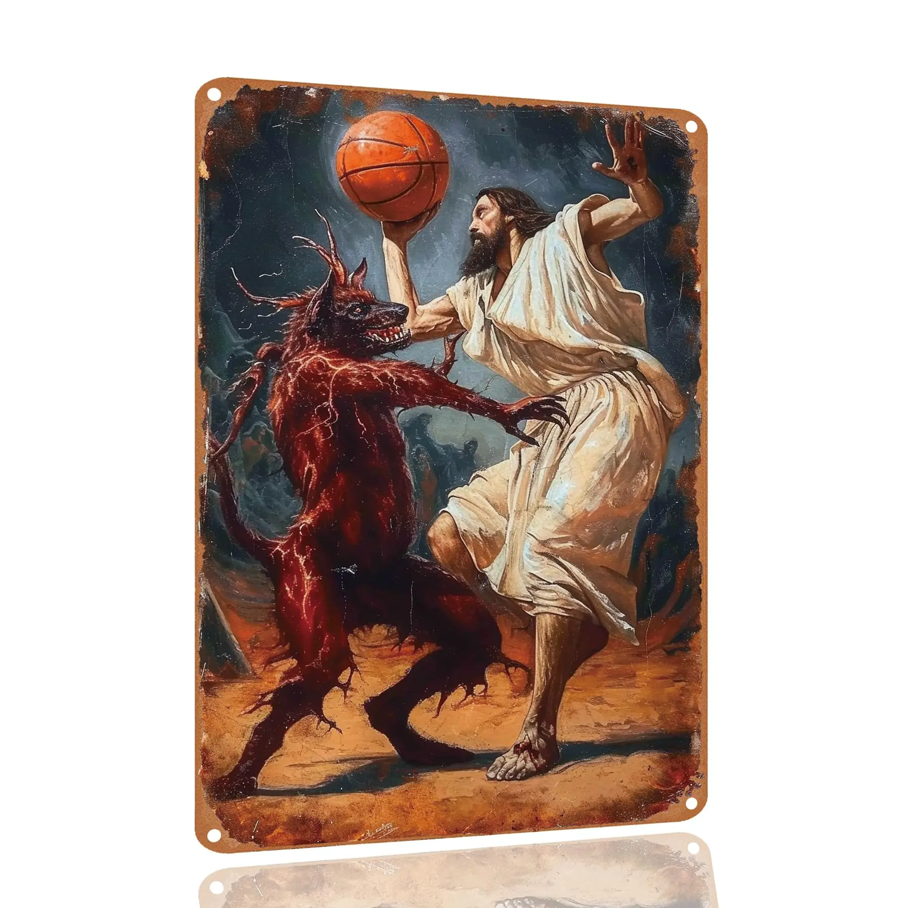 Vintage Metal Tin Sign Jesus Vs Devil Satan In Basketball Sign Funny Tin Signs Wall Art Decor Plaque For Home Bar Pub Club Cafe