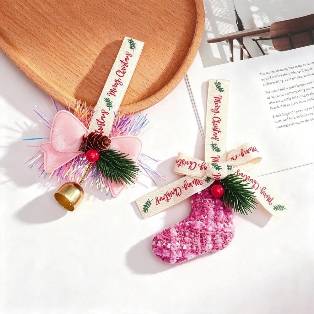 3D Christmas Bow Bell Pendant Sparkling Christmas Stocking Xmas Gift Hanging Decorations Rustic Pinecone Xmas Tree Pendant