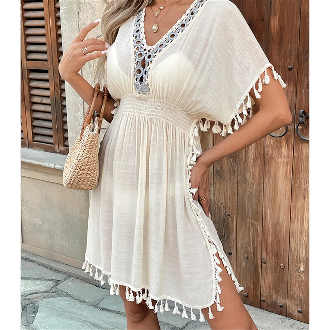V-Ausschnitt, mit Fransen versehen, kurzärmelig, gehäkelt, gestrickt, Strandkleid, Tunika, Strandmode, Damen-Strandkleid, Strandüberwurf, Damen V6603 – Detail 7