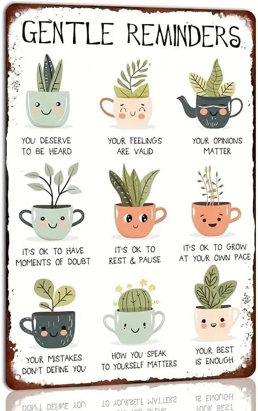 1PC gentle reminder metal tin signs, es, Igor illustrations of potted plants, farmhouse-style façade art, durable home and offic
